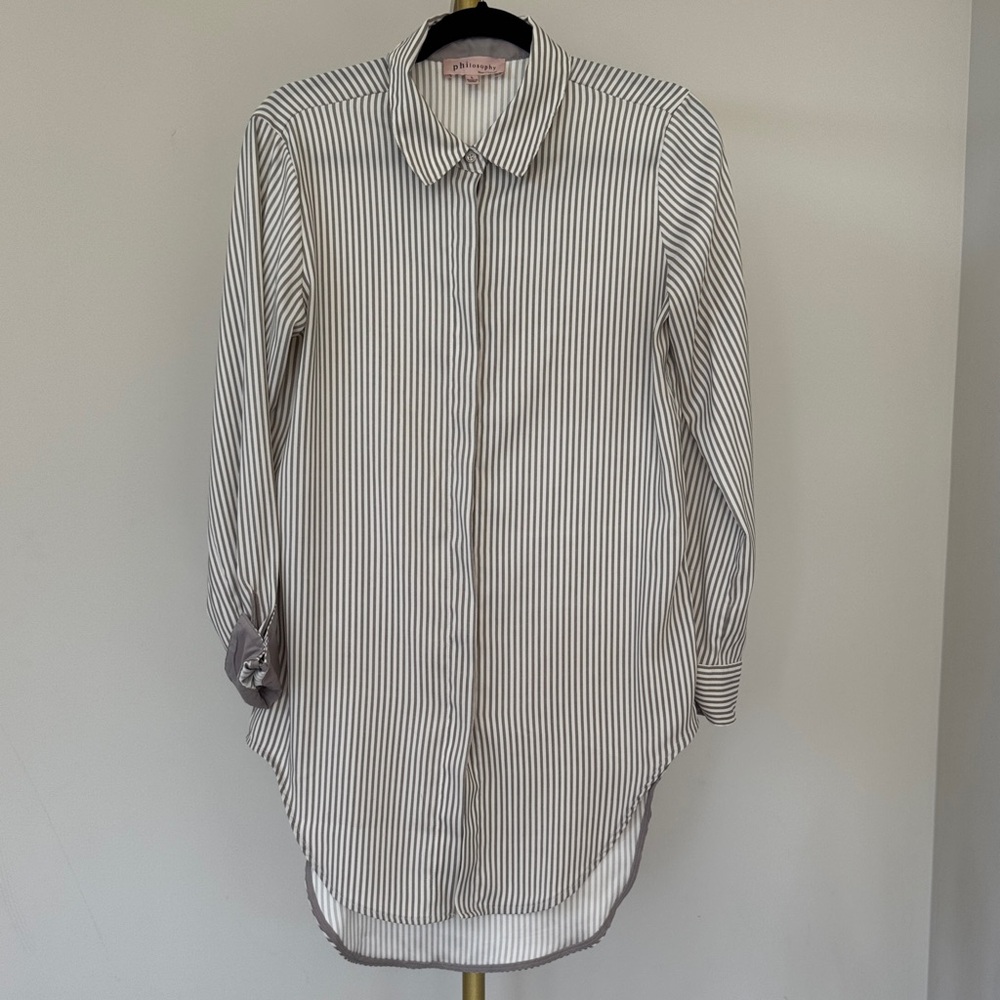 Philosophy Taupe and Ivory Striped Button Down Shirt